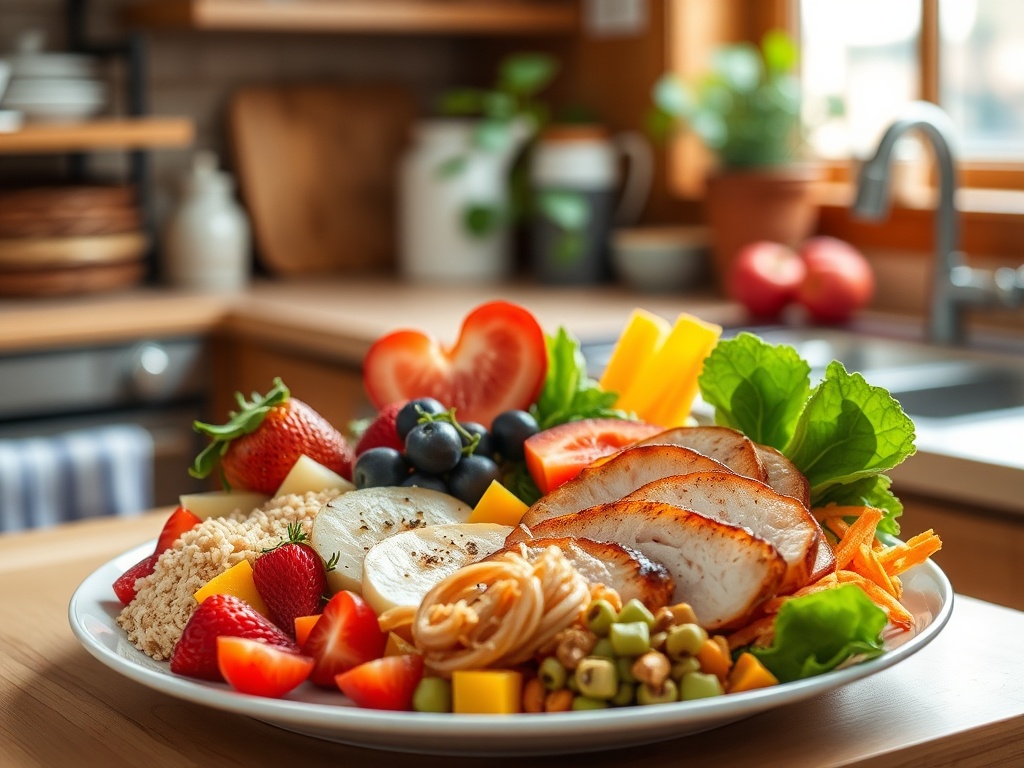 На тарелке разнообразные овощи, фрукты и куриное мясо, поданные в уютной кухне.