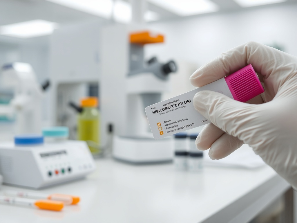 В лаборатории человек в перчатке держит пробирку с меткой "Helicobacter Pylori".