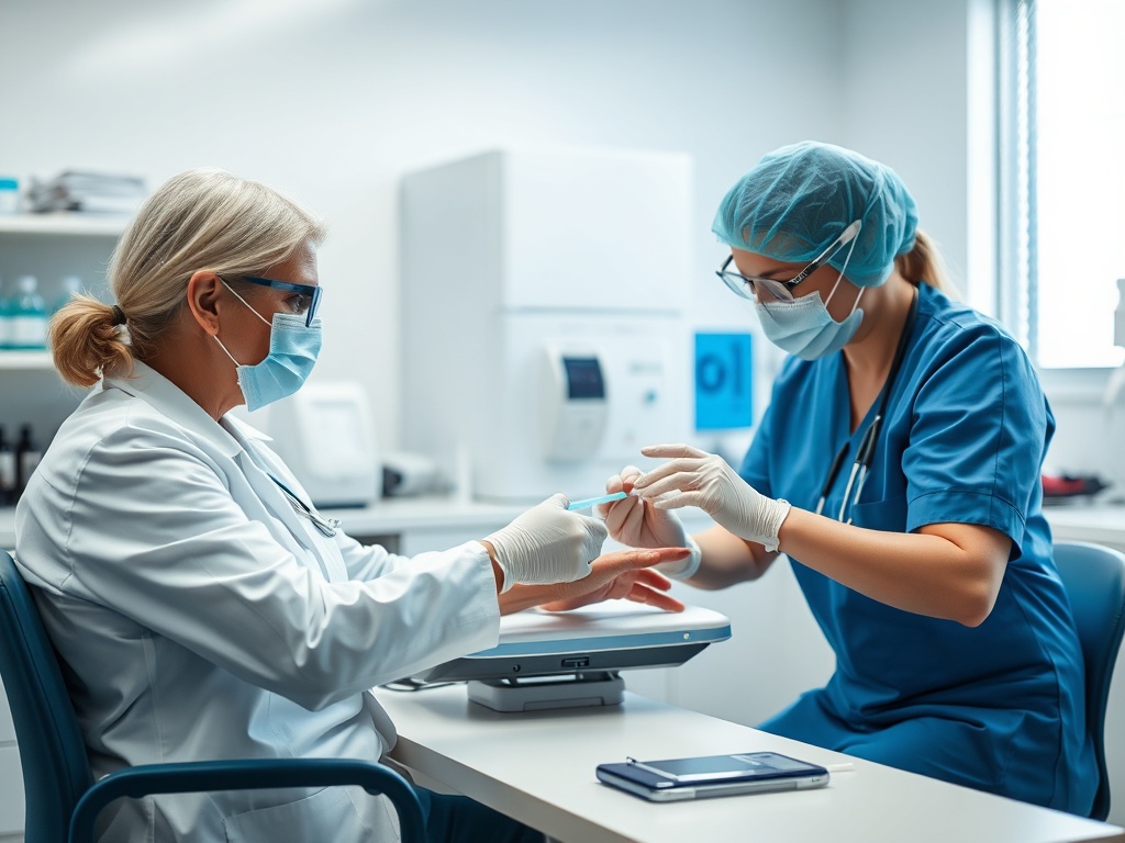 Медицинская процедура: врач берет анализ у пациента в клиническом кабинете. Оба носят маски и перчатки.