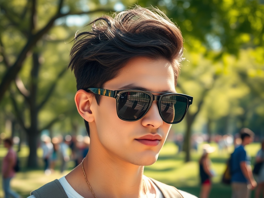 Молодой человек в солнечных очках стоит на фоне зеленого парка, на фоне людей и деревьев.