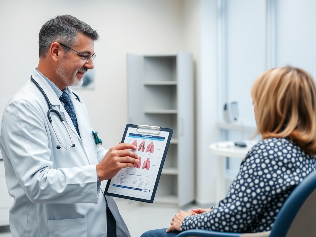 Врач объясняет пациенту информацию о легких, используя график на планшете в медицинском кабинете.