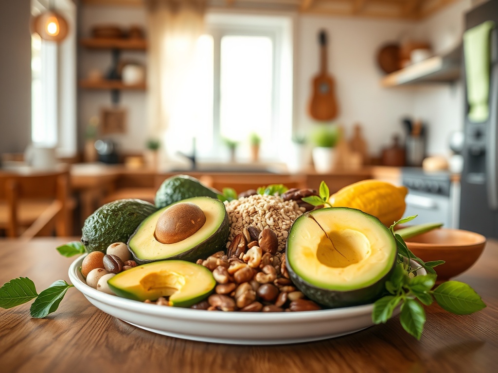 На белой тарелке представлены свежие авокадо, орехи, семена и травы на фоне кухни.