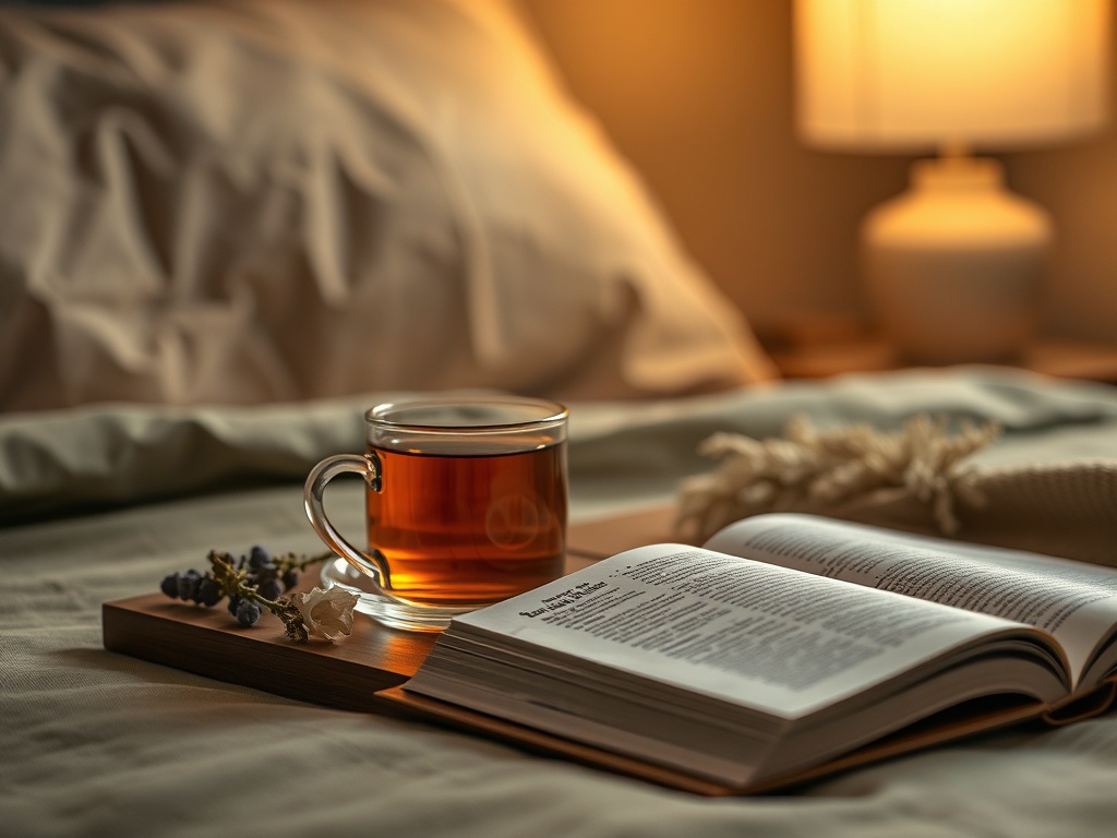 Чашка чая и открытая книга на прикроватной тумбе. Теплый свет создает уютную атмосферу.