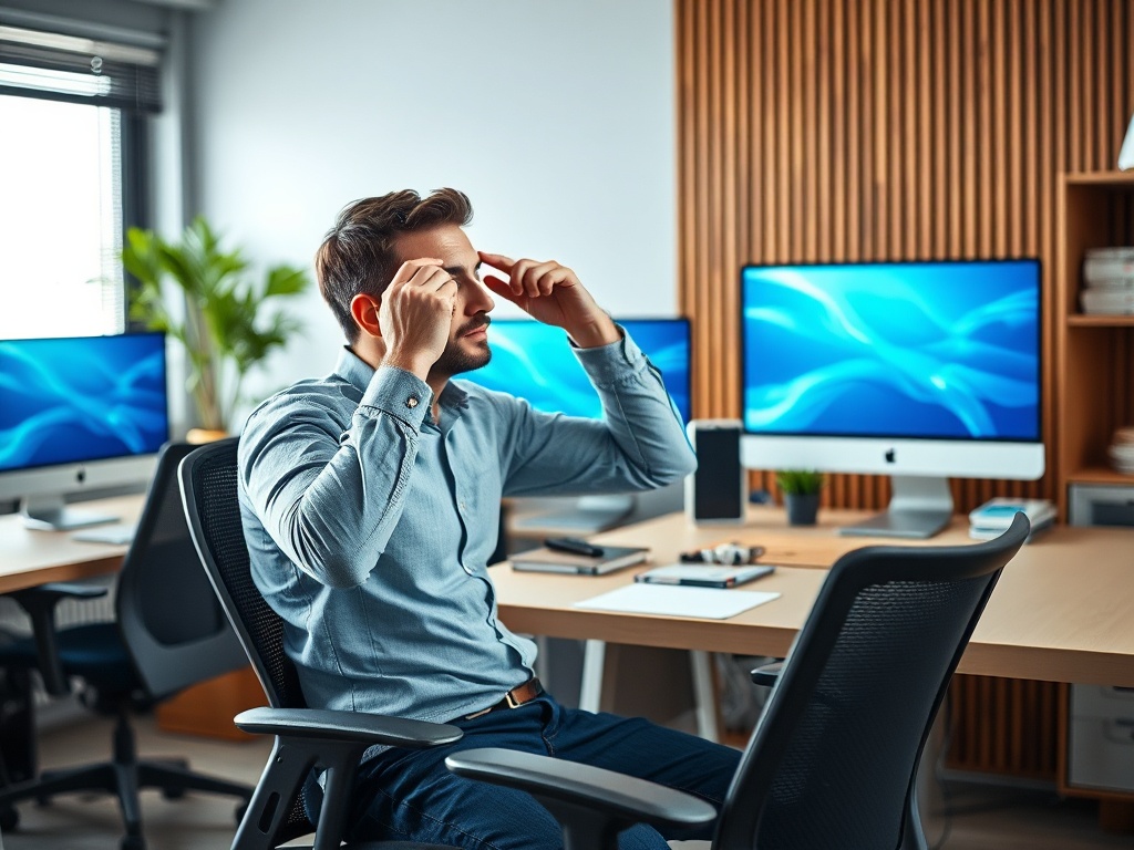 Мужчина в офисе, уставший, массирует виски, сидя за столом с компьютерами и растениями вокруг.