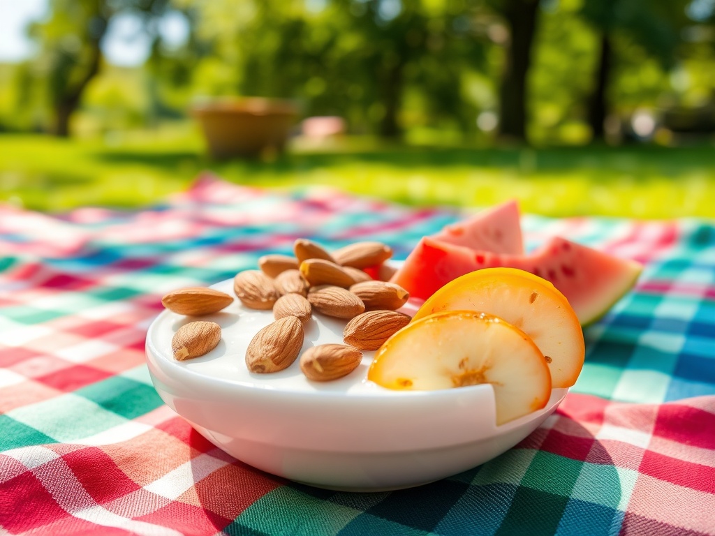 На белой тарелке йогурт с миндалем и ломтиками фруктов на пикниковом пледе. Солнечный день на улице.