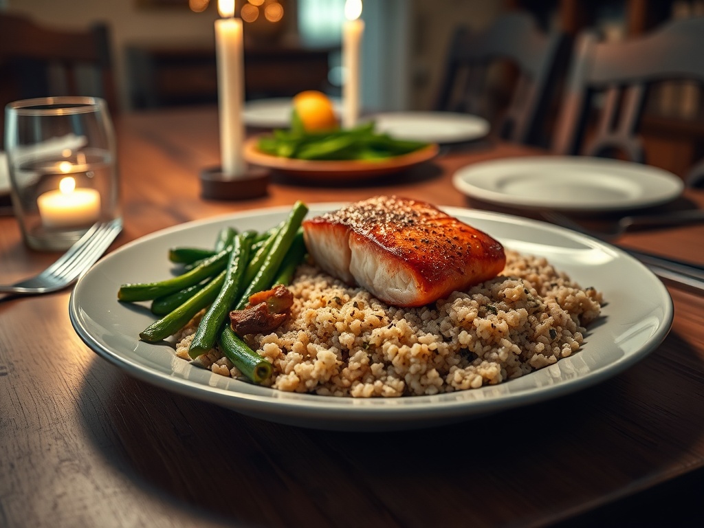 Запись о запечённой рыбе с гарниром из зелёной фасоли и крупы на столе при свечах.