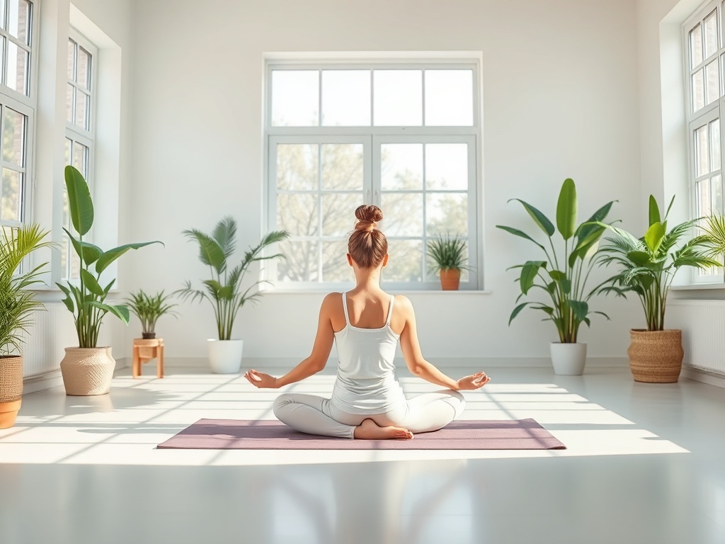 Женщина медитирует на коврике в светлом помещении с большими окнами и зелеными растениями.