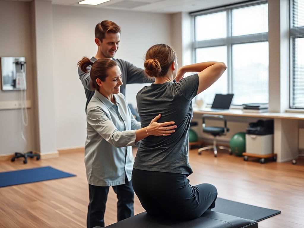 Два человека помогают женщине во время физической терапии в современном кабинете. Все улыбаются.