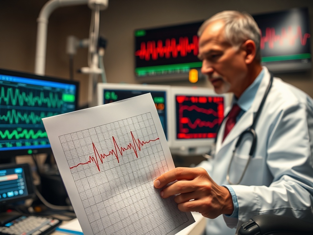 Доктор держит результат ЭКГ на фоне мониторов с сердечными показателями.