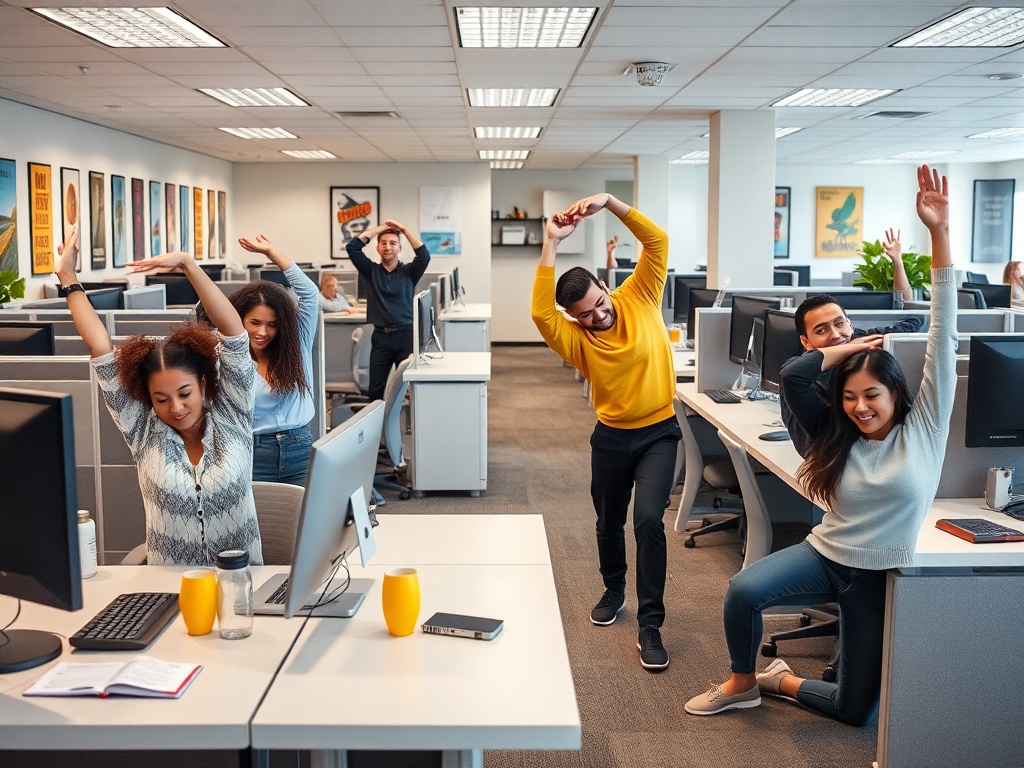 Группа людей в офисе выполняет растяжку и физические упражнения между работой за компьютером.
