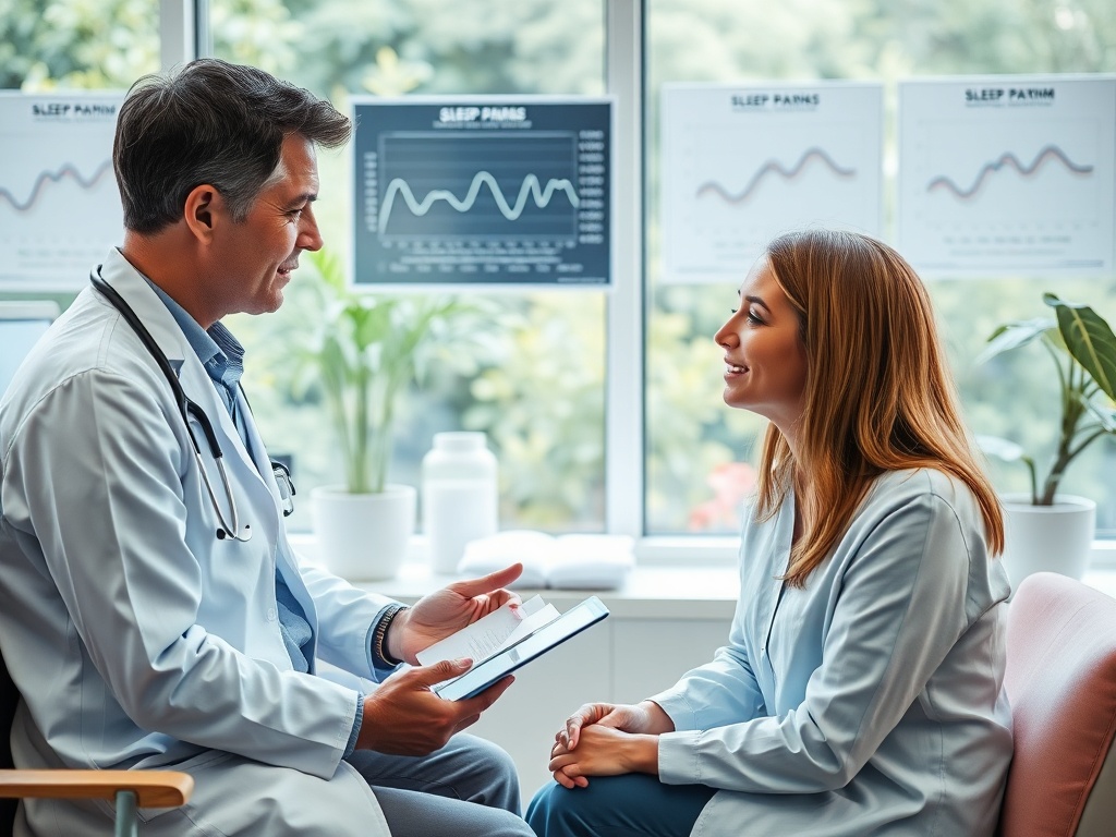 Врач и пациентка обсуждают результаты обследования в светлом кабинете. На стенах графики сна.