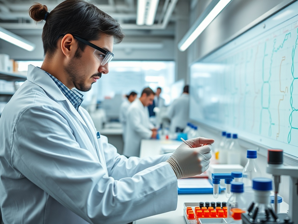 Молодой ученый в лаборатории проводит эксперименты, используя пробирки и реагенты. Вокруг другие исследователи.