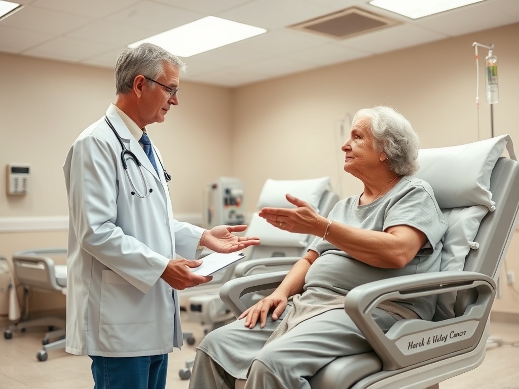 Врач разговаривает с пожилой пациенткой в медицинском кабинете, обсуждая её состояние.