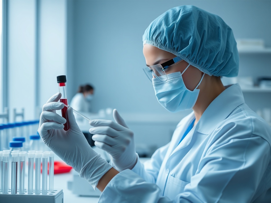 Женщина в лабораторном халате и перчатках исследует пробирку с кровью в научной лаборатории.