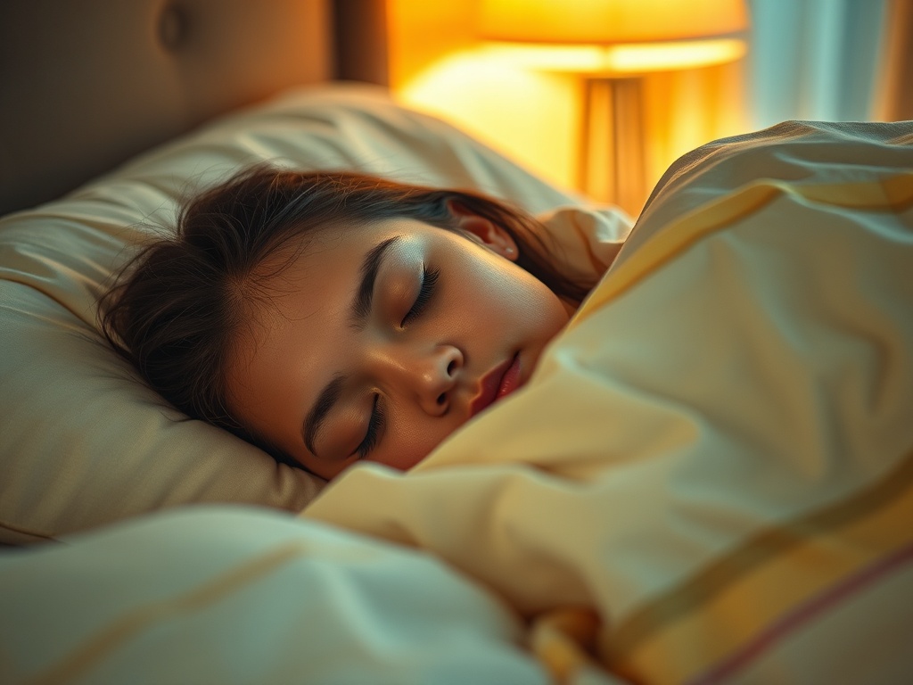 Девушка спит под одеялом в уютной атмосфере с теплым светом лампы.