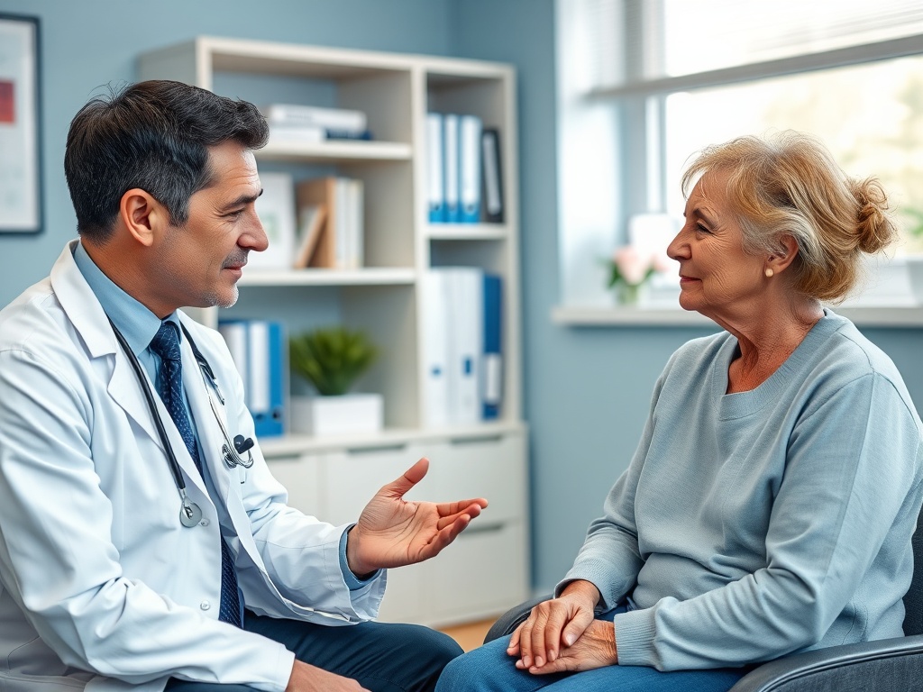 Врач беседует с пожилой женщиной в кабинете, обсуждая её здоровье и самочувствие.