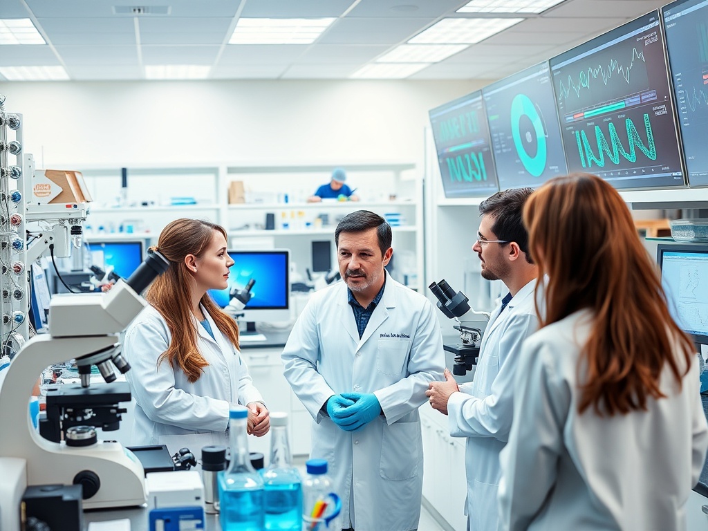 Группа ученых в лаборатории обсуждает результаты исследований у микроскопов и экранов.