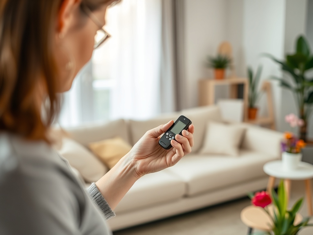 На изображении женщина держит пульт в руке, рядом комната с диваном и зелеными растениями.