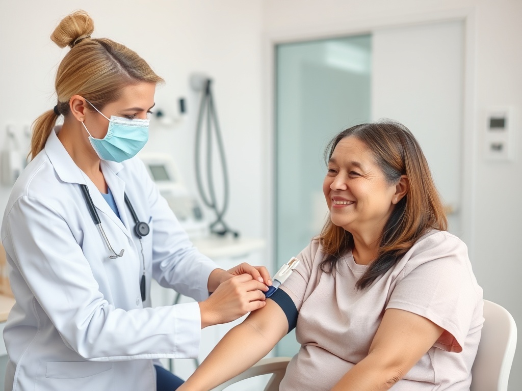 Медсестра проводит процедуру взятия крови у довольной пациентки в кабинете.