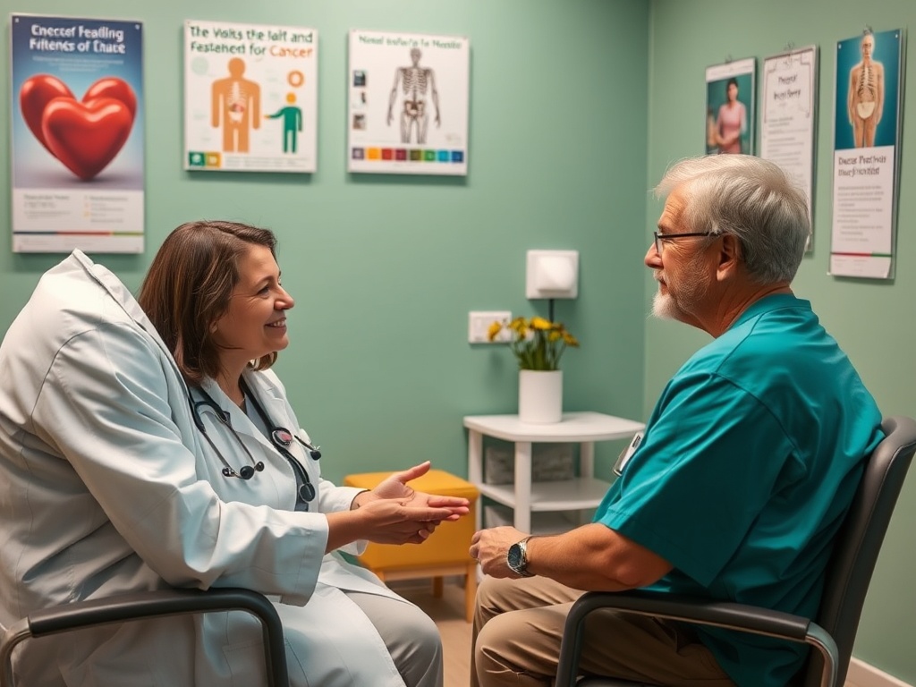 Врач и пациент беседуют в медицинском кабинете, окруженном образовательными плакатами о здоровье.