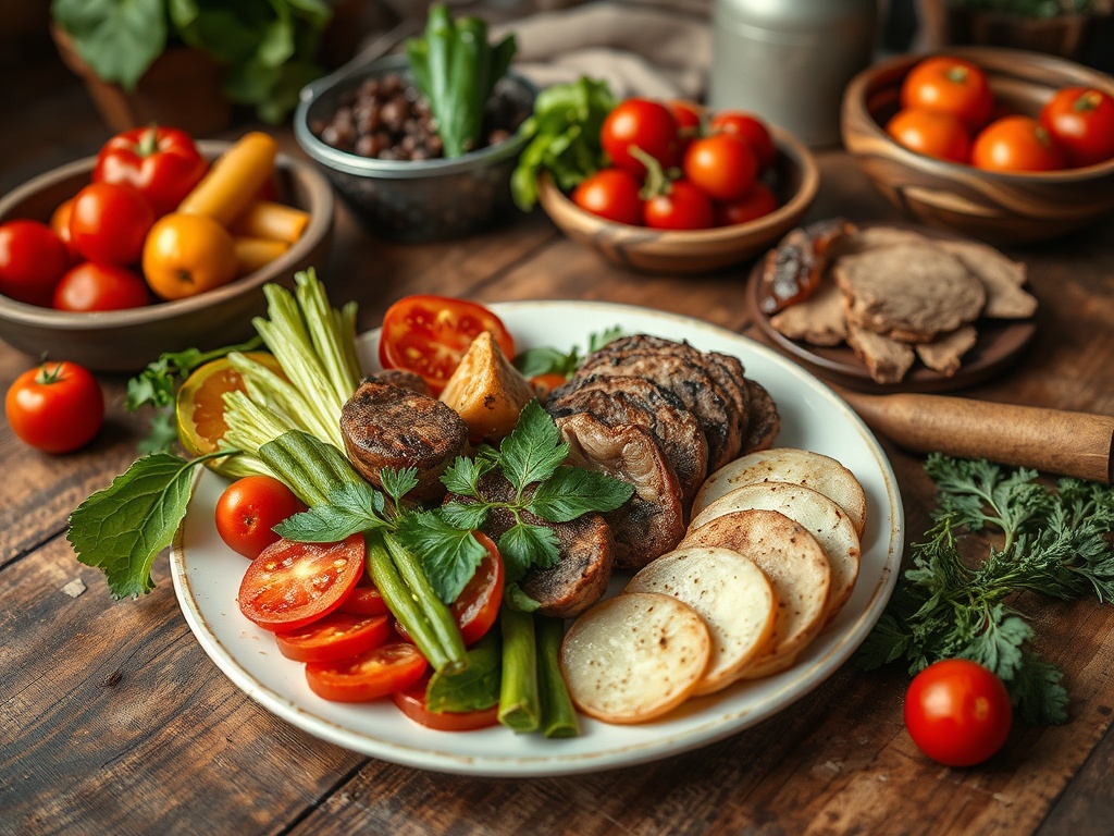 Тарелка с различными овощами, ломтиками картофеля и мясными блюдами на деревянном столе.