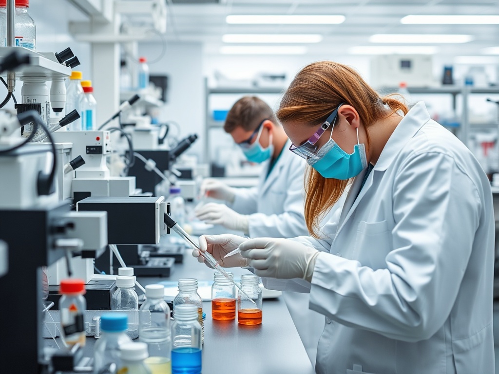 Лабораторные работники в белых халатах проводят эксперименты с пробирками и микроскопами.