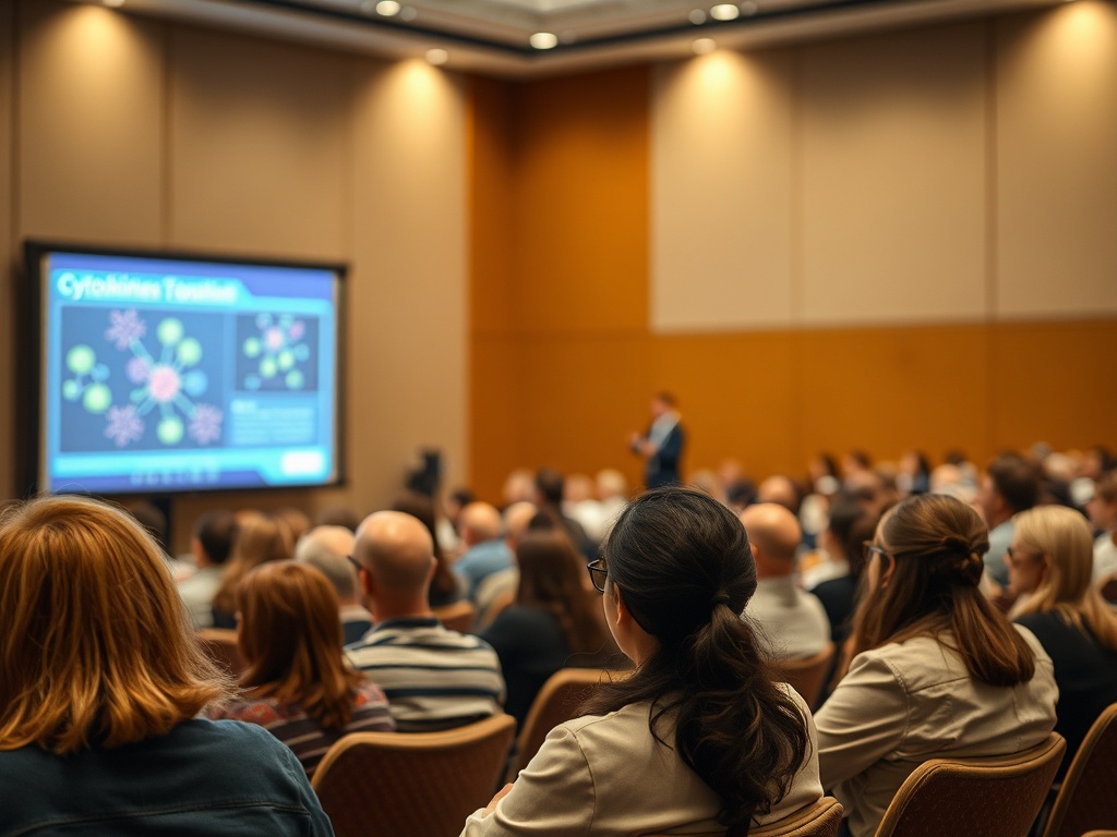 На конференции слушатели внимательно следят за презентацией на экране о цитокинах.
