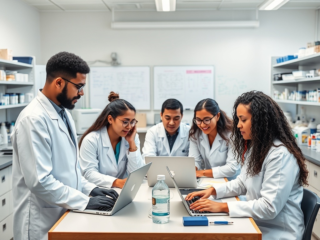 Группа ученых в лаборатории обсуждает данные и работает на ноутбуках за столом.