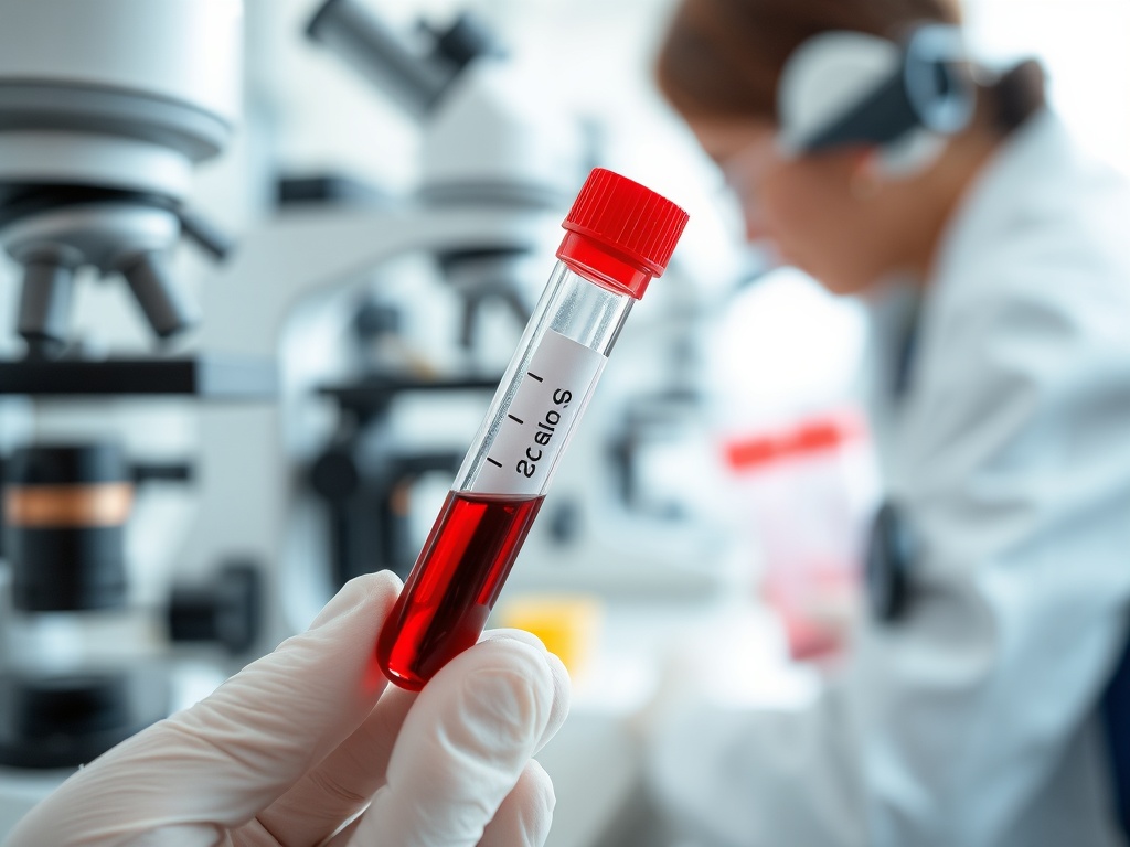 Пробирка с кровью на переднем плане, на заднем фоне работает лаборант в белом халате.