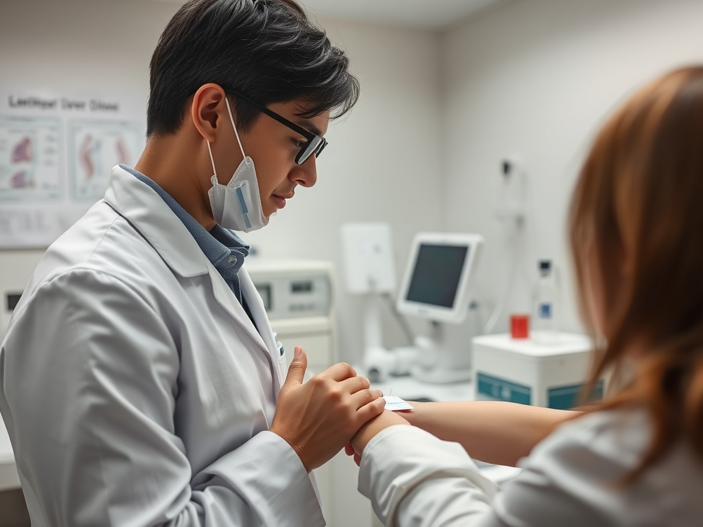 Врач осматривает пациента в медицинском кабинете, проводя лечение или консультацию.