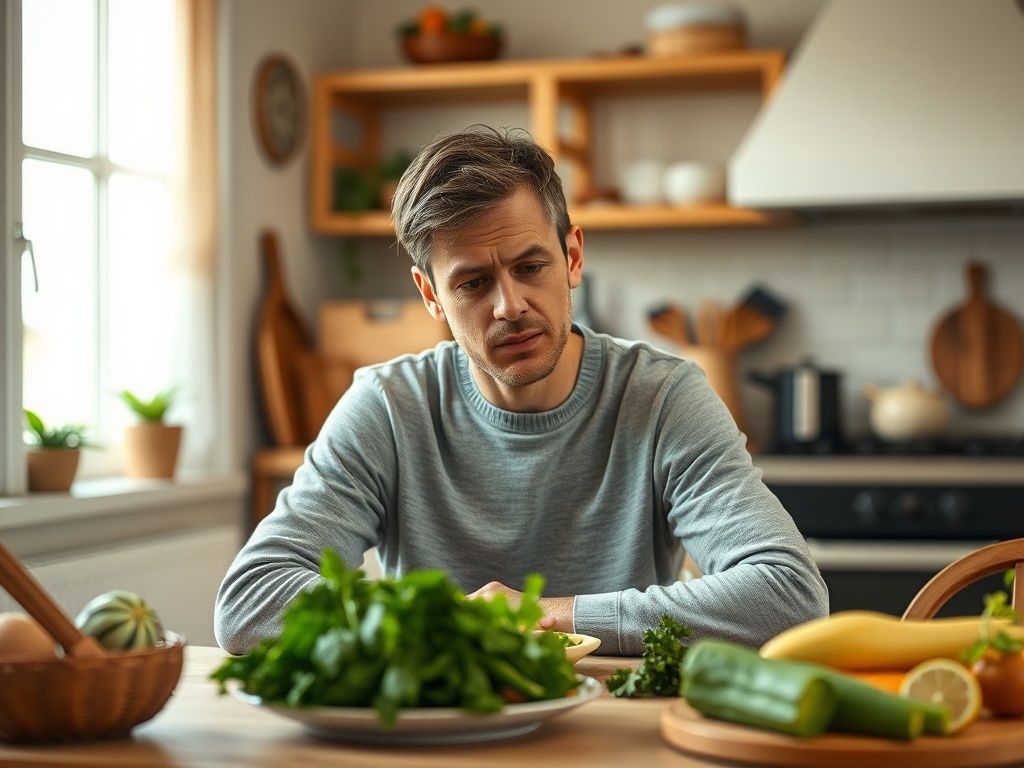 Мужчина сидит за столом с овощами, выглядя задумчивым и чуть грустным. Его окружает домашняя обстановка.