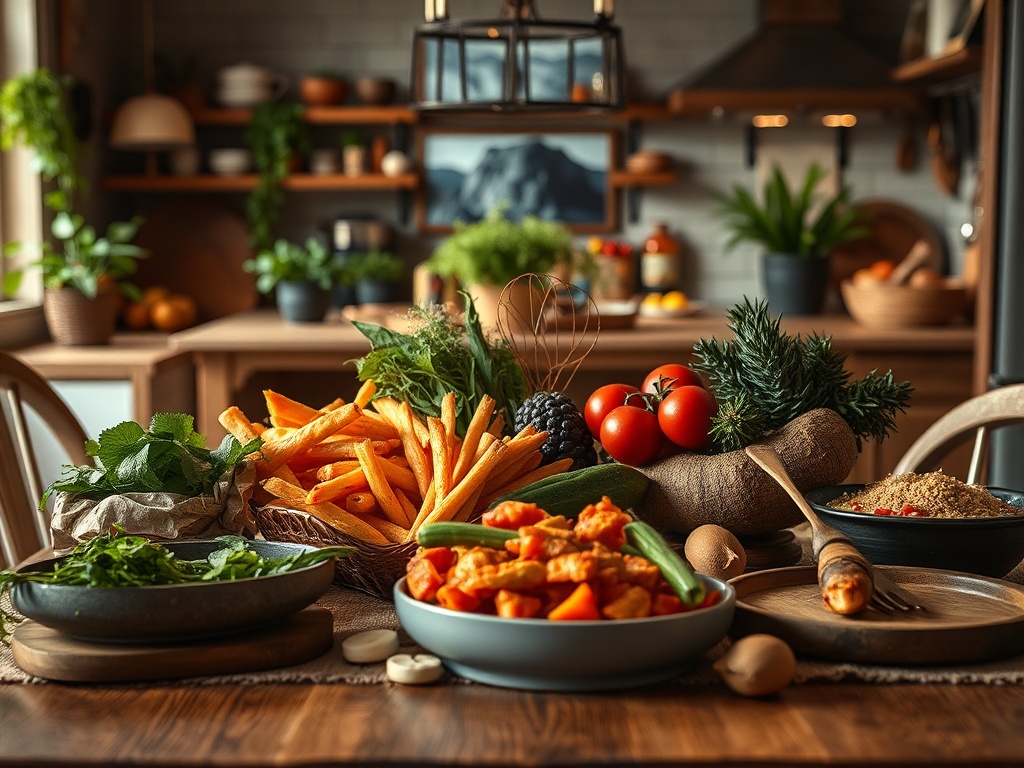 На столе свежие овощи, зелень и специи, создающие атмосферу домашней кухни.