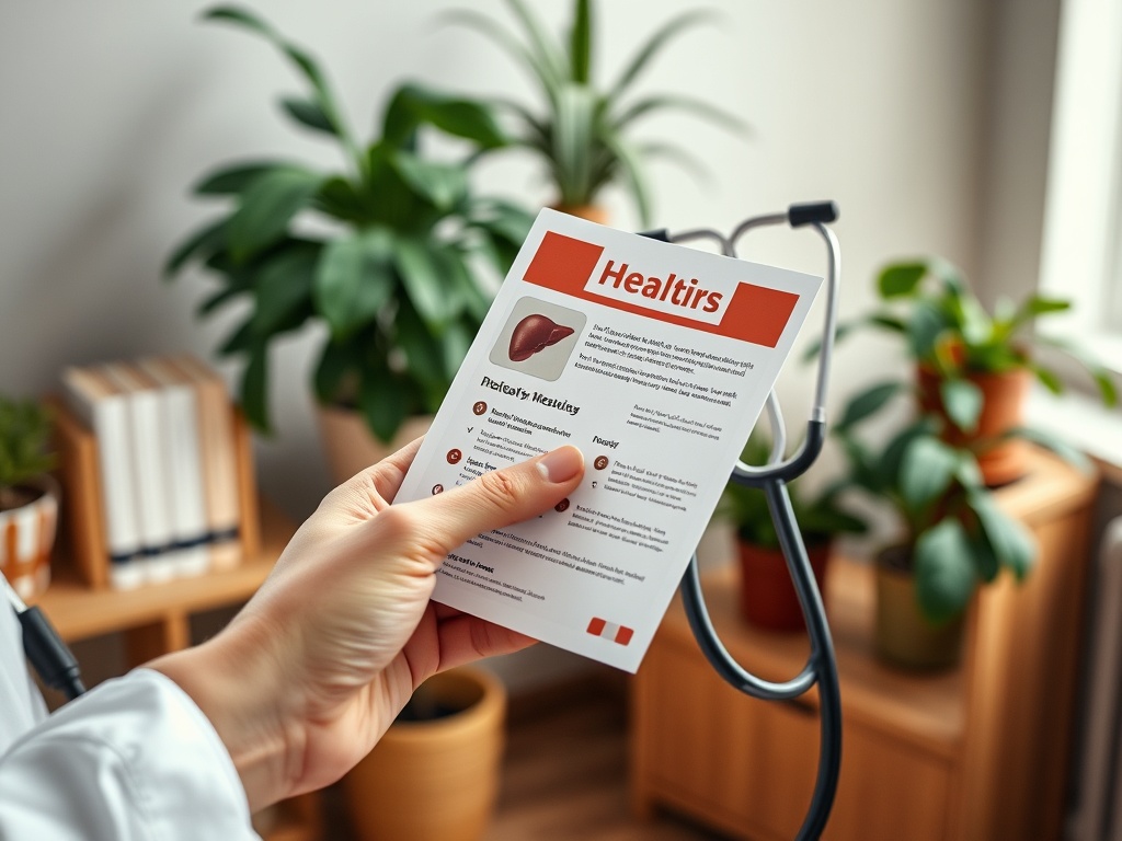 На изображении человек держит листок с информацией о здоровье печени в комнате с растениями и стетоскопом.