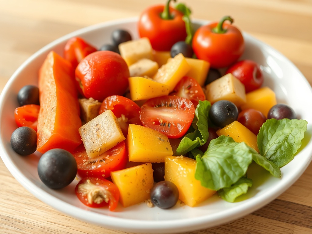 Каша из свежих овощей: помидоры, перец, чёрные оливки и листья мяты на белой тарелке.