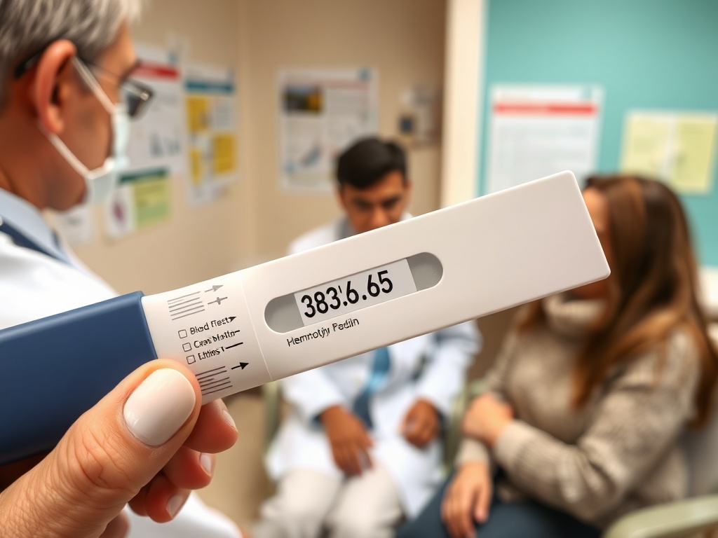 На фотографии врач держит тест с результатом 383:6.65, в кабинете двое пациентов обсуждают здоровье.