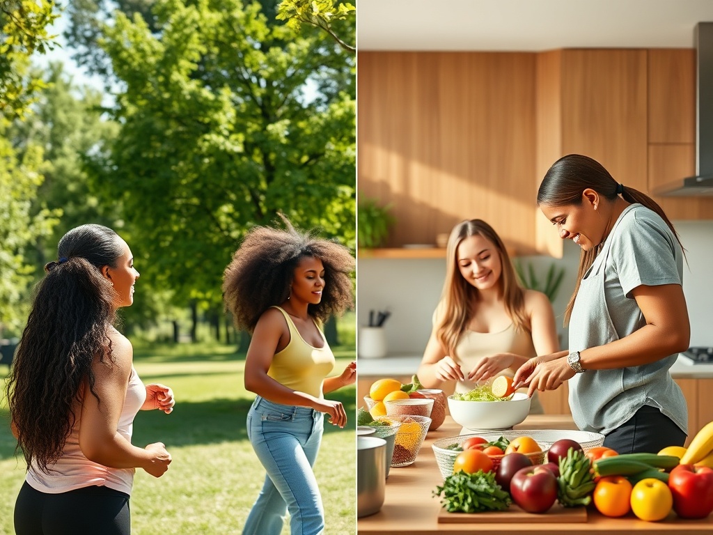 На фотографии две сцены: женщины занимаются спортом на улице и готовят еду на кухне, окруженные свежими ингредиентами.