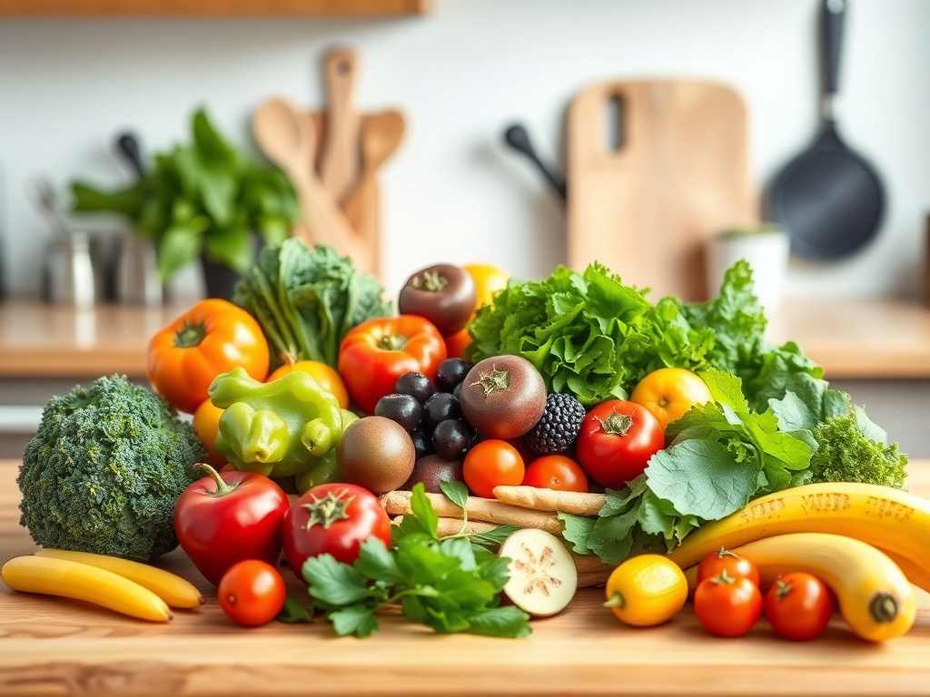 Изобилие свежих овощей и фруктов на столе: брокколи, помидоры, перец, зелень и бананы. Здоровое питание!