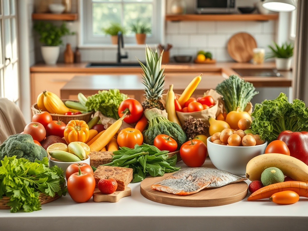 Разнообразие свежих фруктов и овощей на кухонном столе, включая рыбу и хлеб. Яркие цвета и текстуры.