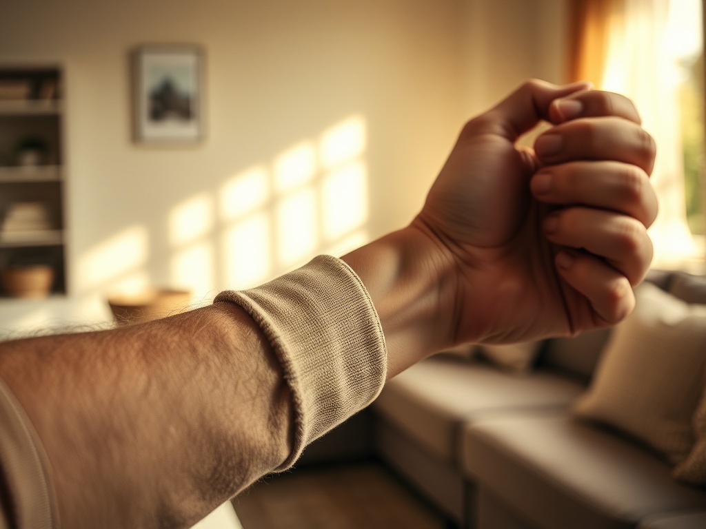 На изображении рука с закатанным рукавом, кулак сжат и на фоне домашнего интерьера.