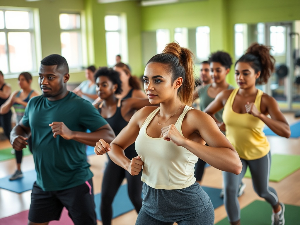 Группа людей занимается аэробикой в спортивном зале. Атмосфера энергичная и мотивирующая.