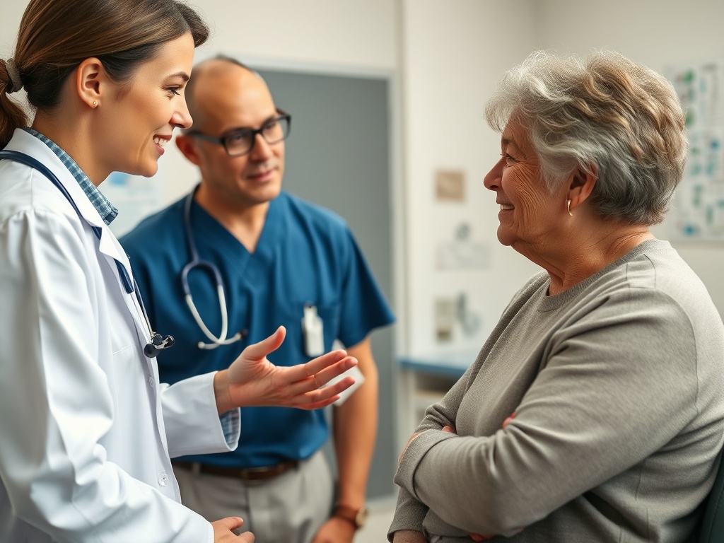 Врачи общаются с пожилой женщиной в медицинском кабинете, обсуждая её здоровье и лечение.