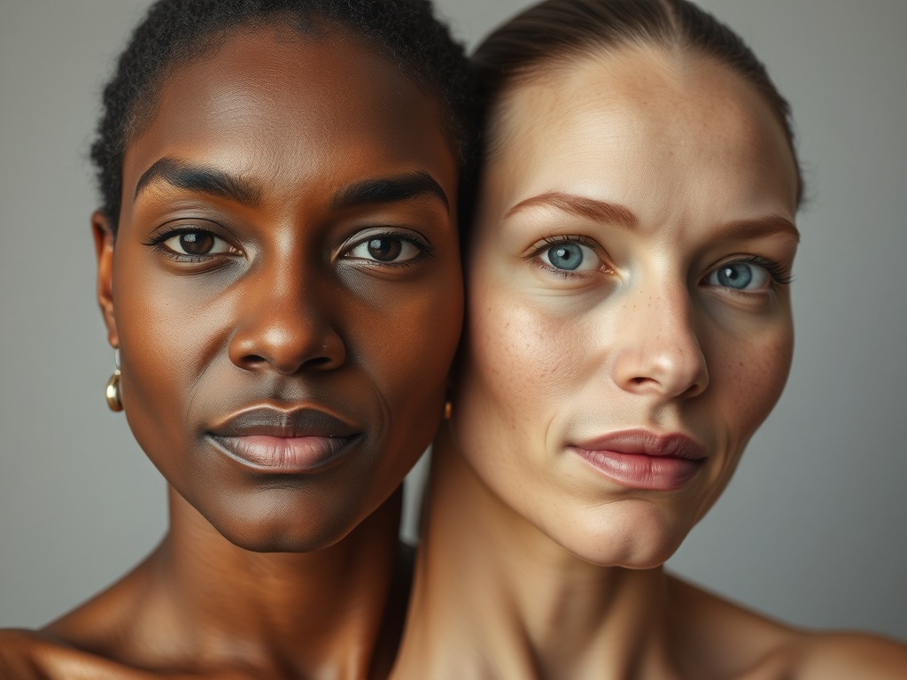 Два женских лица с разной кожей на фоне нейтрального цвета. Они смотрят прямо в камеру.