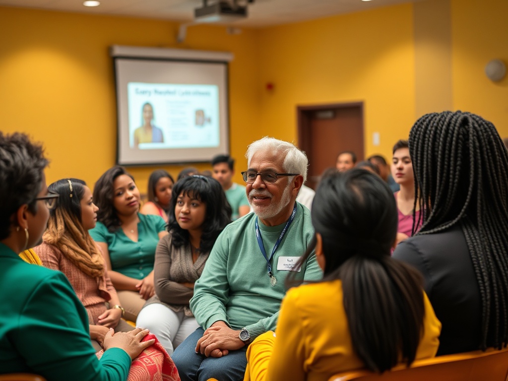 Группа людей обсуждает что-то важное в уютной обстановке, на заднем плане презентация.