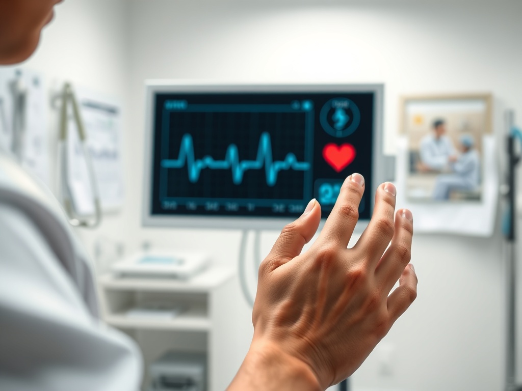 Рука врача на фоне монитора с кардиограммой и изображением пациента в медицинском кабинете.