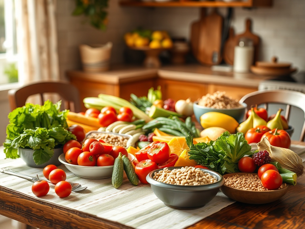 На столе разноцветные овощи и фрукты: помидоры, огурцы, листья салата, гречка и орехи. Солнечный интерьер.